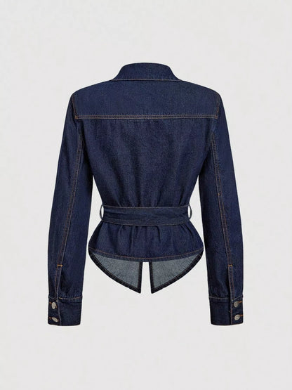 Sarah Express Women's Tie Waist Long Sleeve Denim Jacket with Belt and Bow Detail