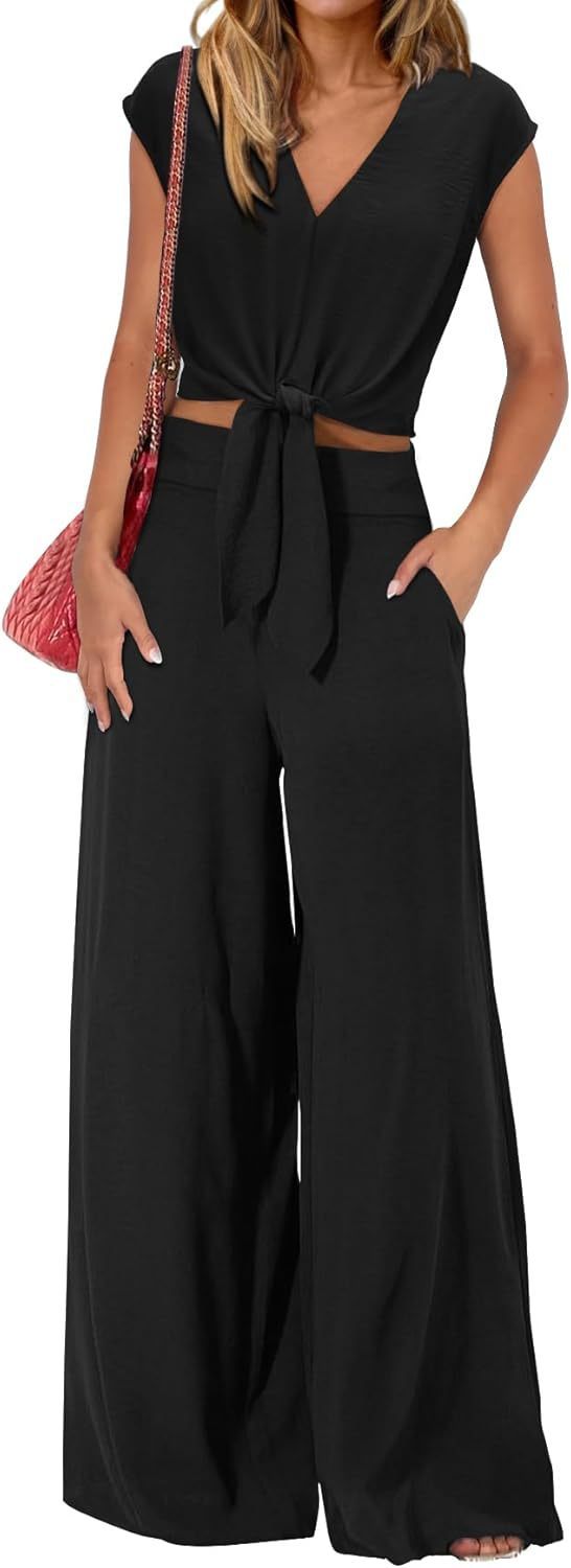 Sarah Express High Waist Wide Leg Pants Suit Two Piece Sleeveless Set