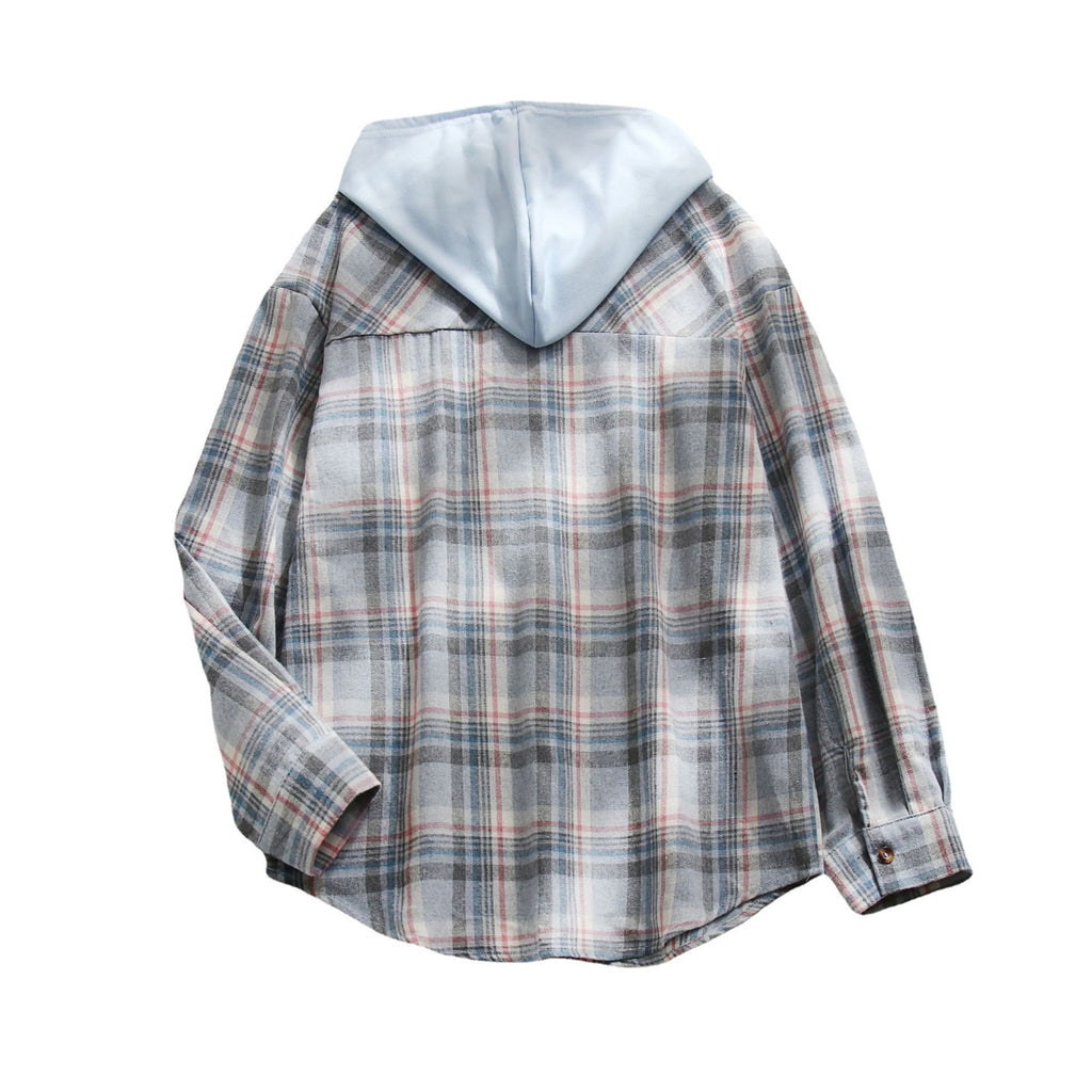 Sarah Express Women's Plaid Hooded Shirt Jacket Casual Loose Fit Pullover Top