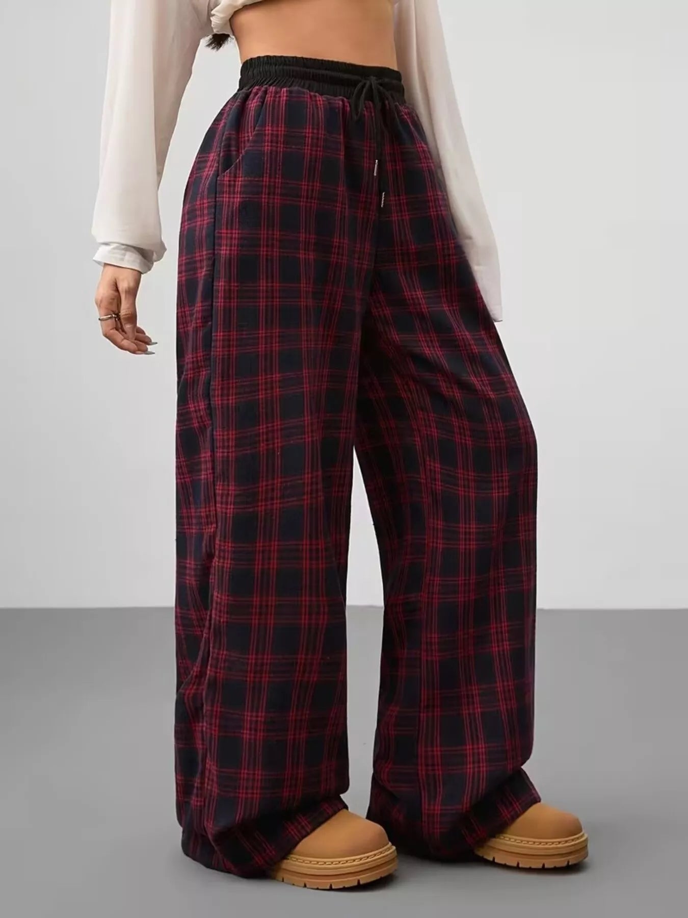 Sarah Express Women's Plaid Wide Leg Pants with Drawstring and Pockets