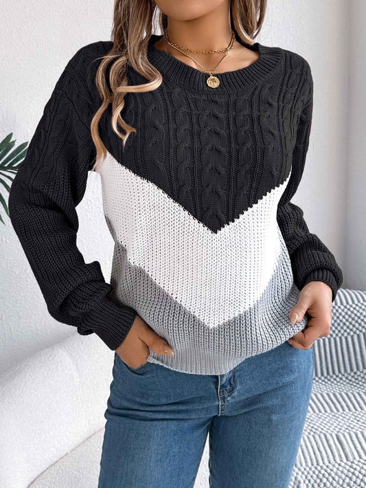 Sarah Express Women's Color Block Cable Knit Lantern Sleeve Pullover Sweater