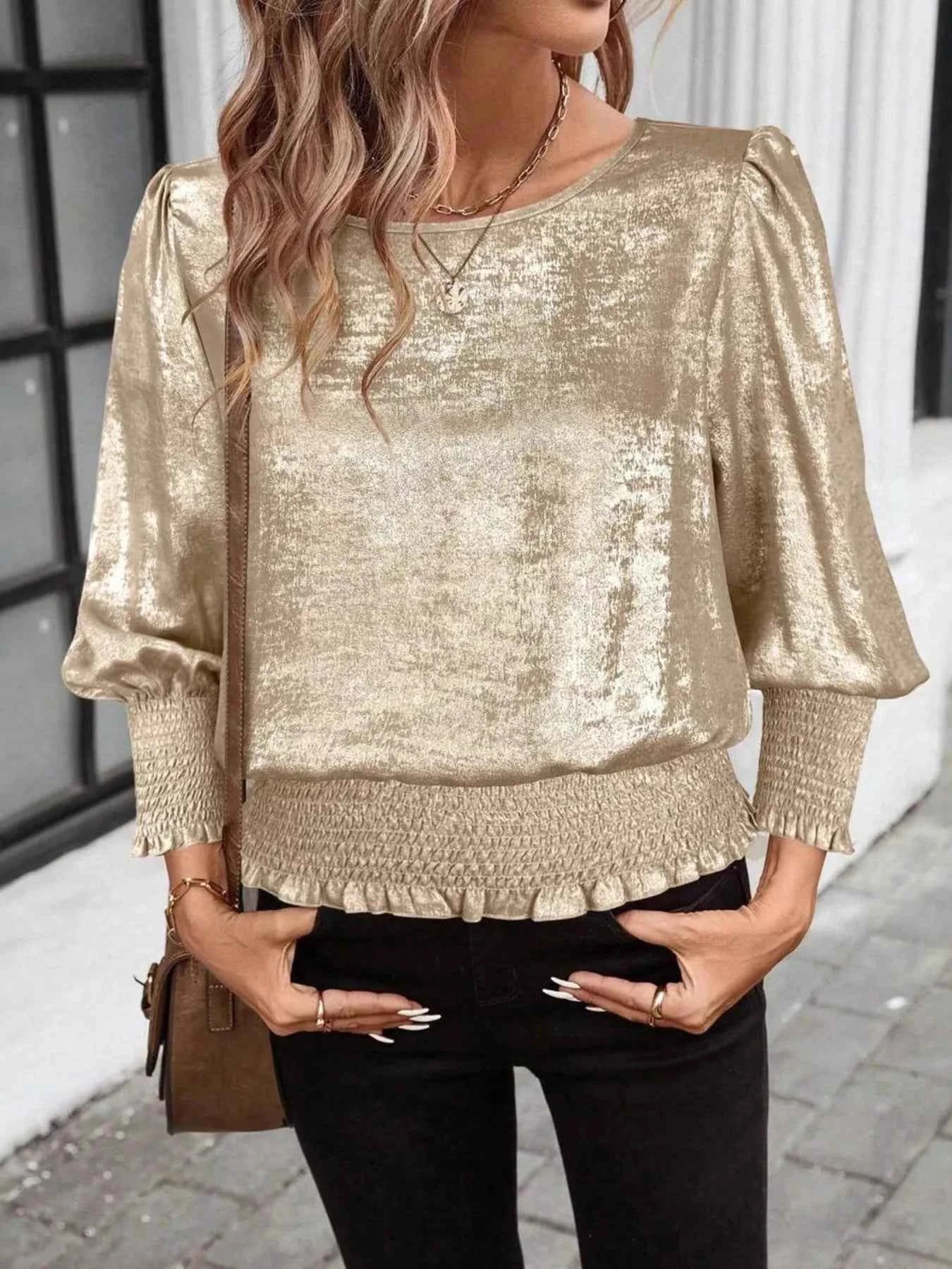 Sarah Express Women's Smocked Round Neck Long Sleeve Blouse Gold