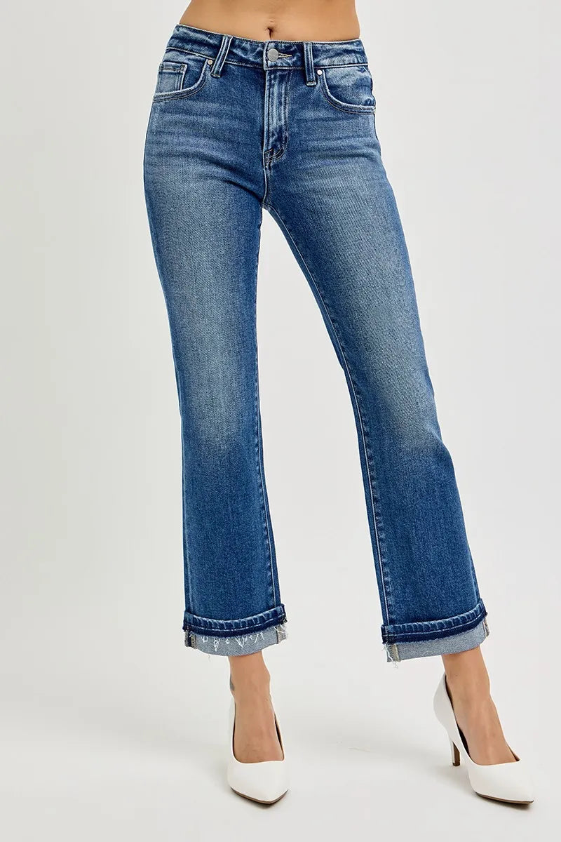 Sarah Express Women’s Mid Rise Cuffed Ankle Straight Jeans
