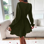 Sarah Express Women's V-Neck Long Sleeve Double Layer Skirt Work Dress