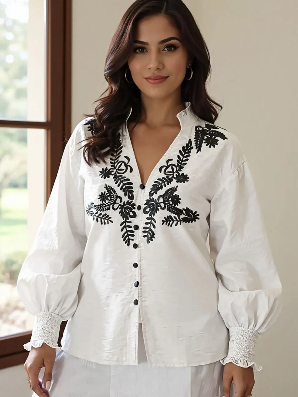 Sarah Express Women's Embroidered Lantern Sleeve Blouse White