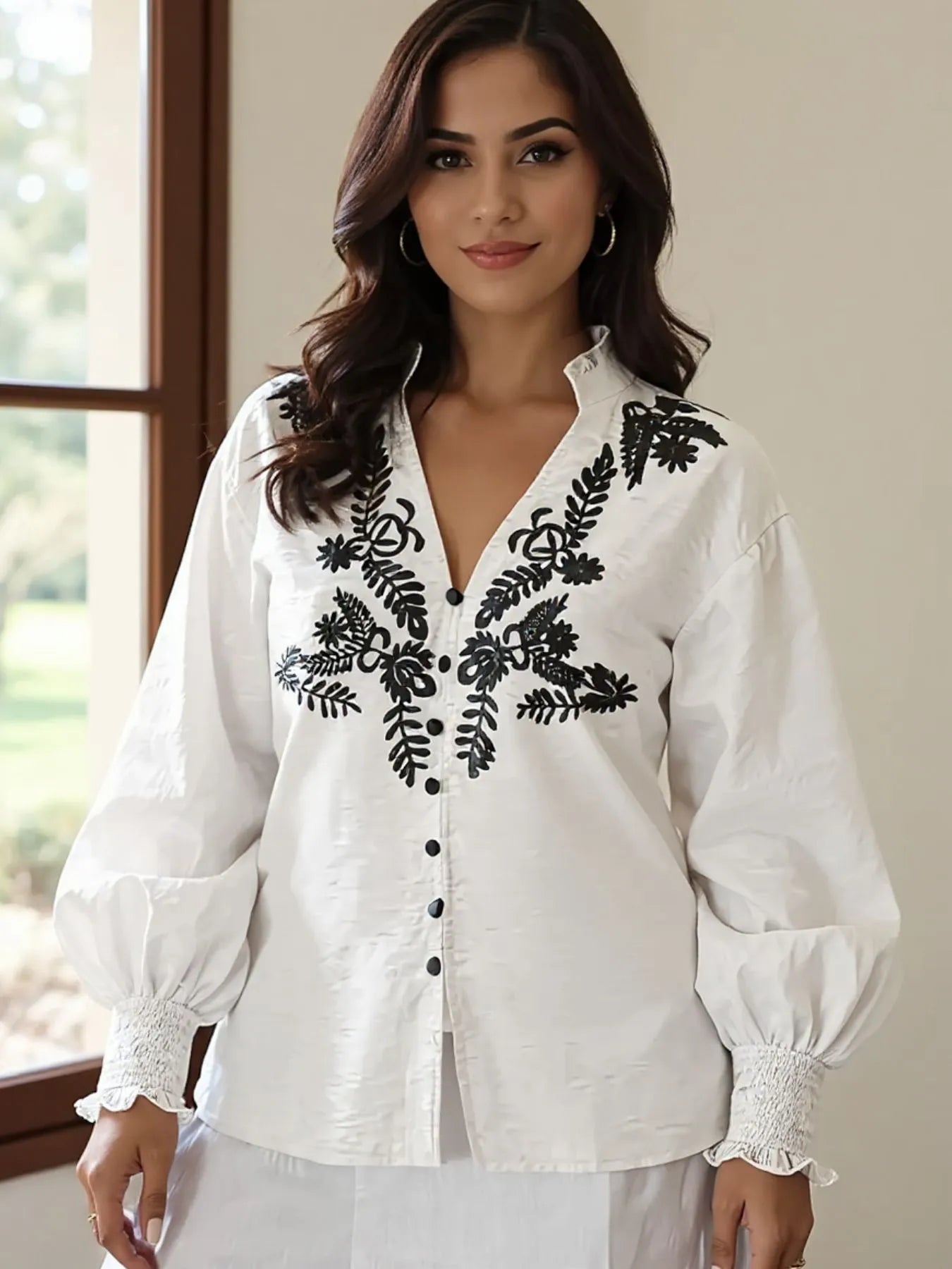 Sarah Express Women's Embroidered Lantern Sleeve Blouse White