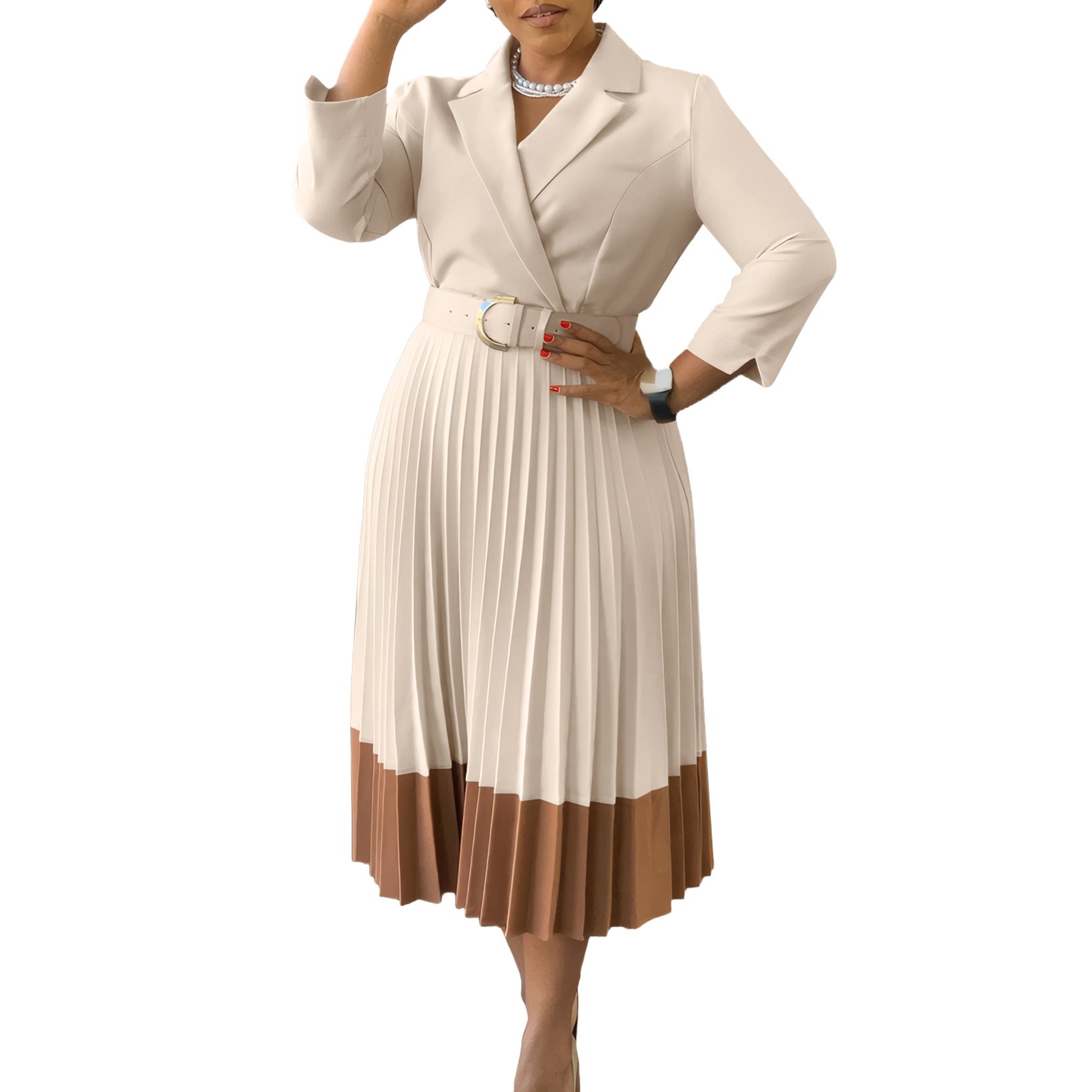 Sarah Express Women's Suit Collar Pleated A-Line Dress with Belt