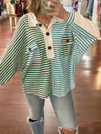 Sarah Express Women's Striped Oversized Half Button Sweatshirt Gum Leaf