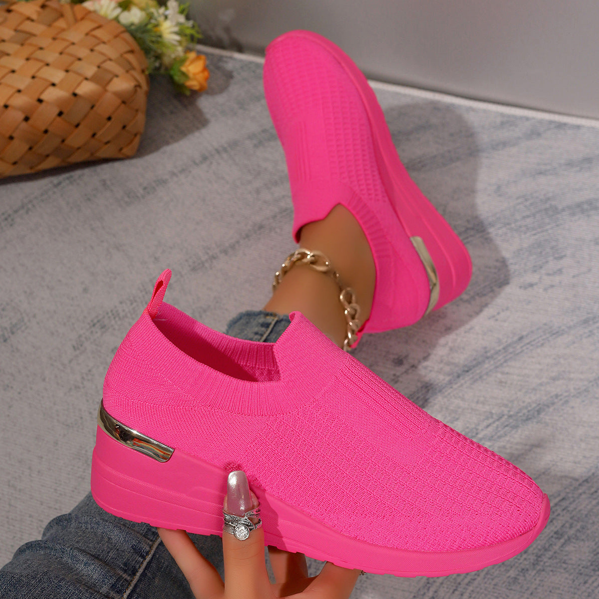 Sarah Express Women's Flyknit Mesh Breathable Wedge Sneakers | Slip-On Platform Casual Shoes Rose Red