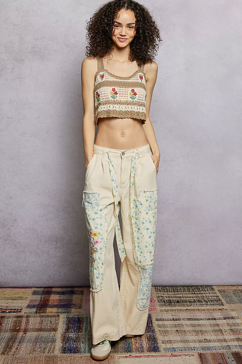 Sarah Express Women's Floral Embroidered Cropped Crochet Cami with Scalloped Hem