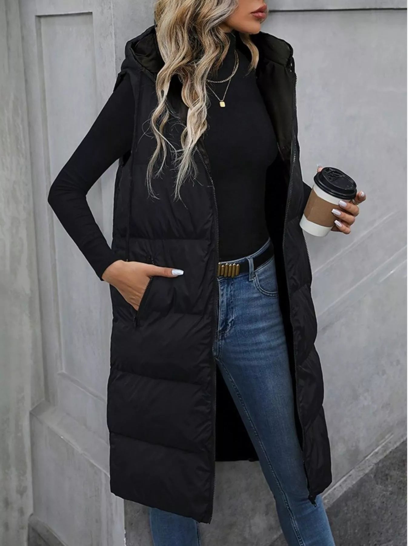 Sarah Express Women's Longline Padded Hooded Vest Coat