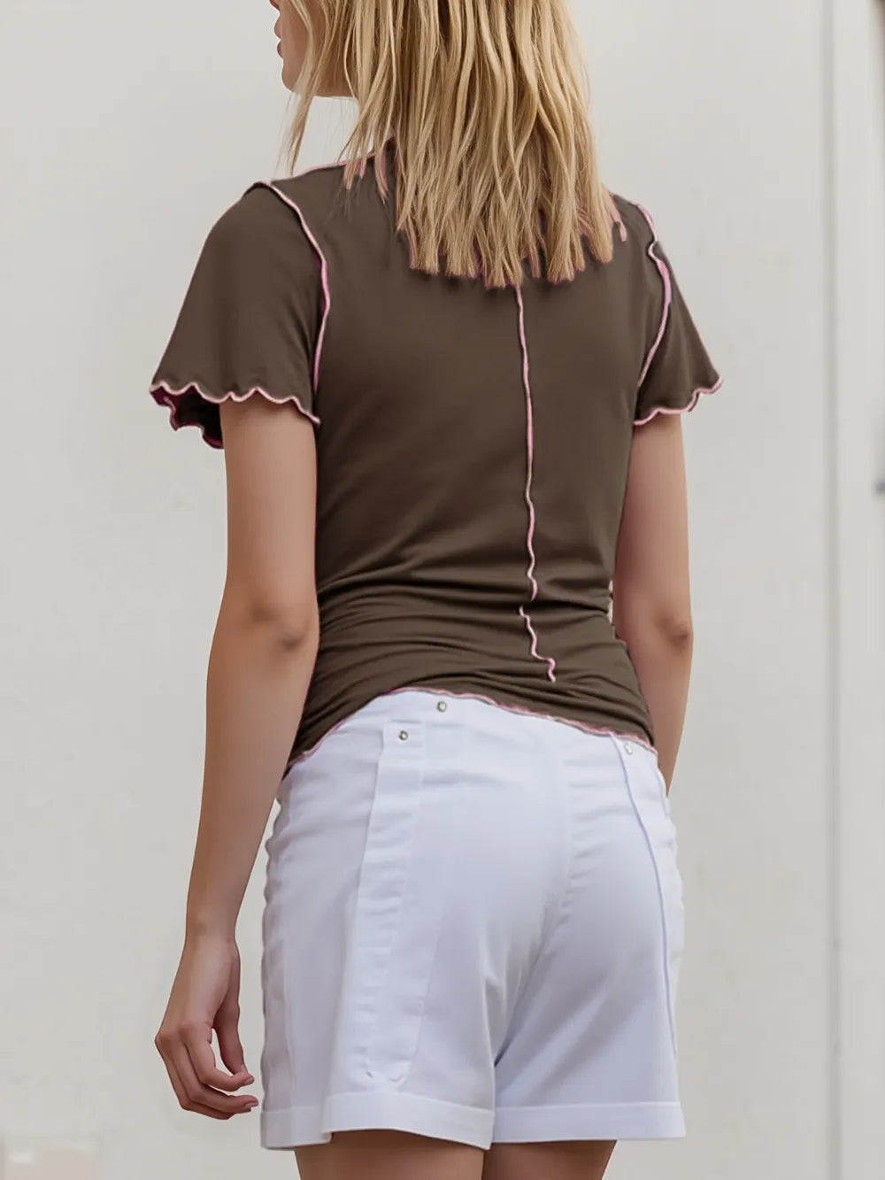 Sarah Express Women's Contrast Trim Mock Neck Short Sleeve T-Shirt