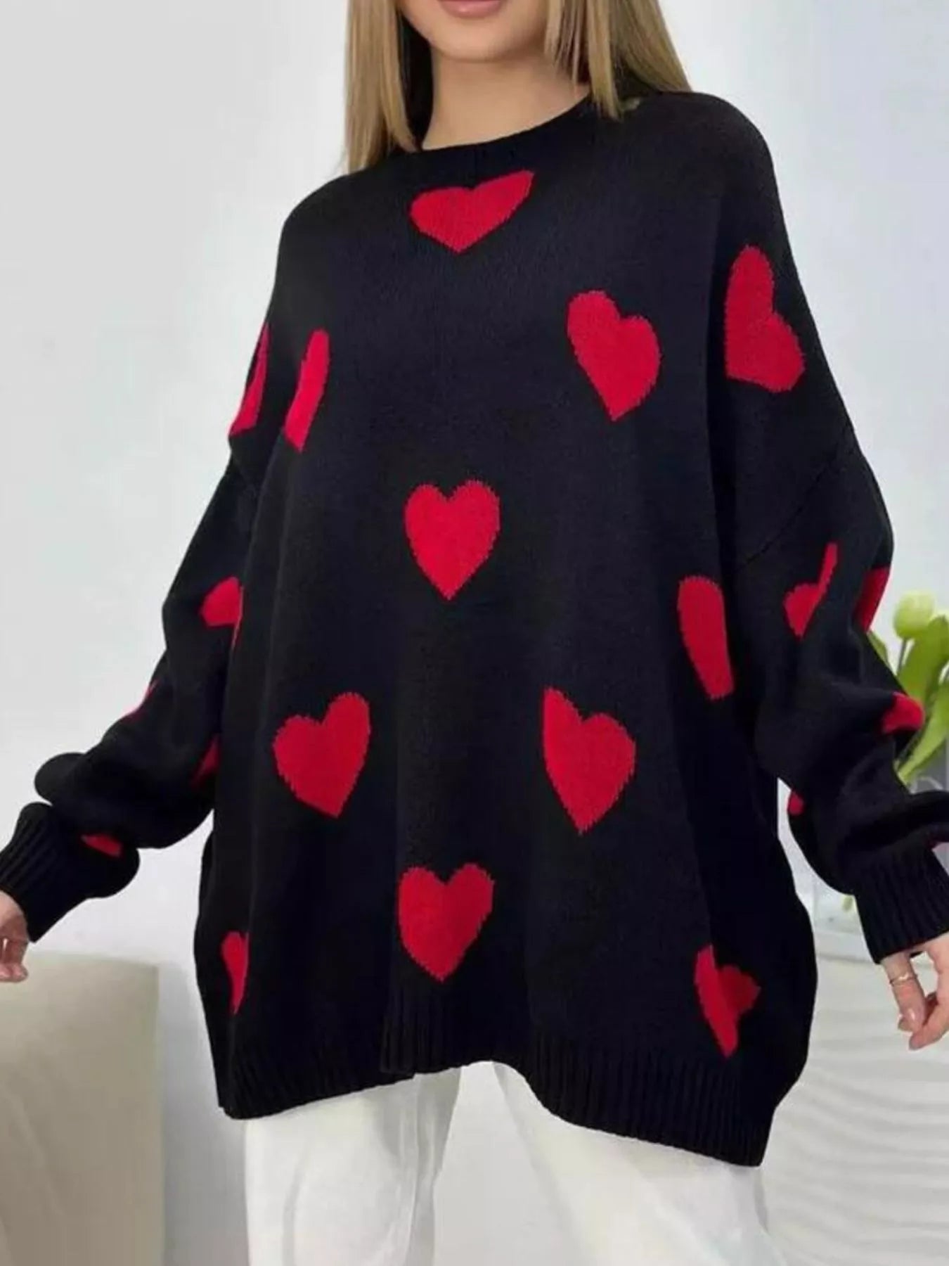 Sarah Express Women's Heart Round Neck Oversized Knit Sweater Black