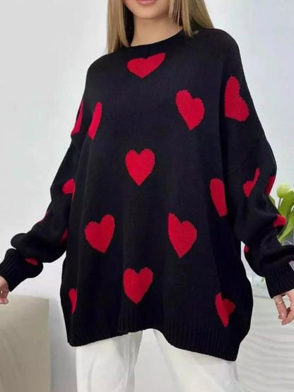 Sarah Express Women's Heart Round Neck Oversized Knit Sweater Black
