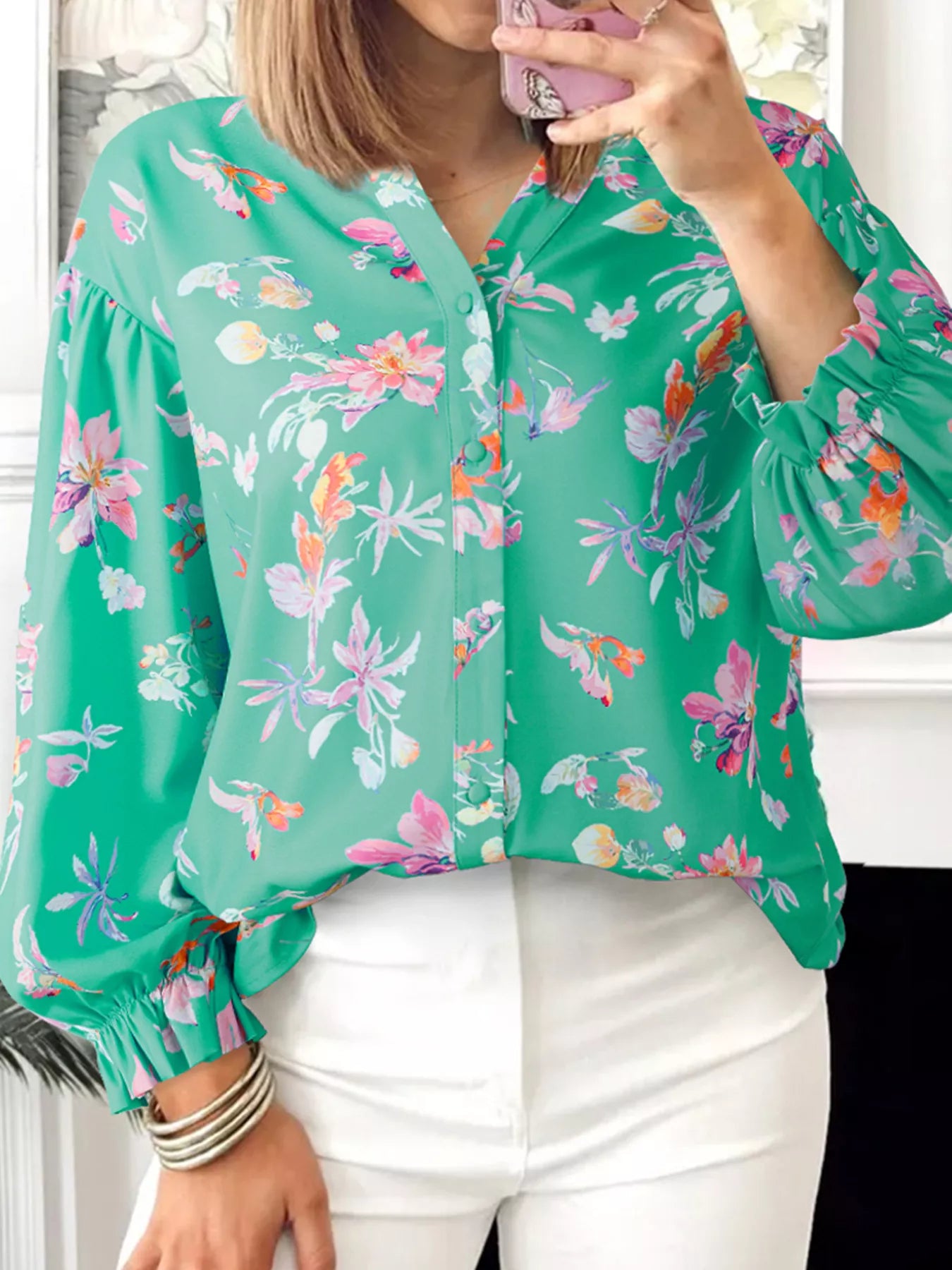 Sarah Express Women's Floral Lantern Sleeve Button Front Shirt Turquoise