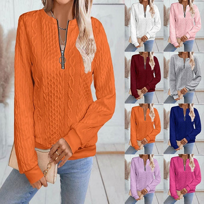 Sarah Express Women's Zipper Detail Long Sleeve Sweater Casual Loose Fit Pullover Top