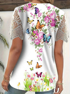 Sarah Express Women's Lace Sleeve V-Neck T-Shirt Plus Size