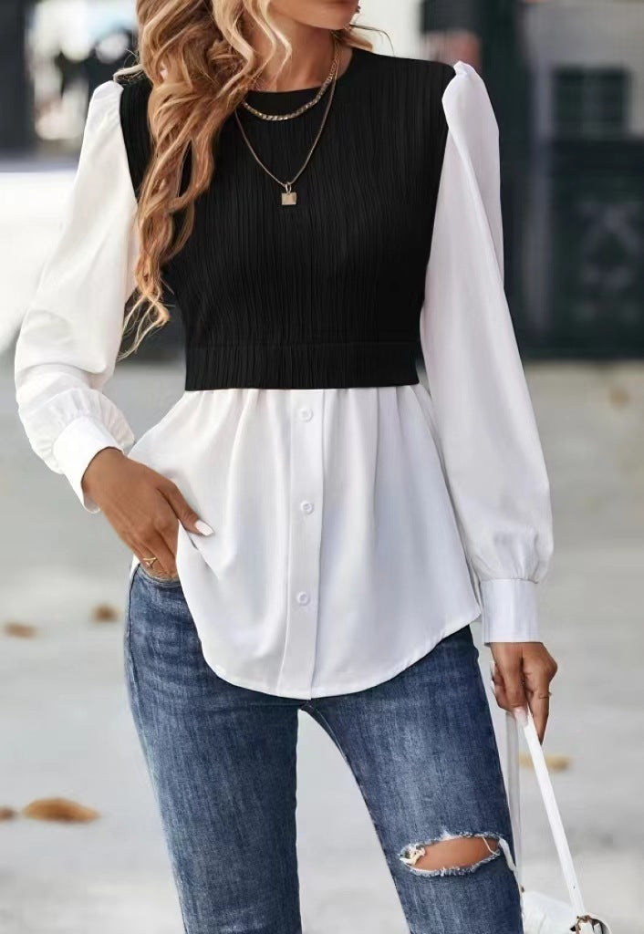 Sarah Express Wavy Stripe Blouse Long Sleeve Stitching Detail Pullover Top