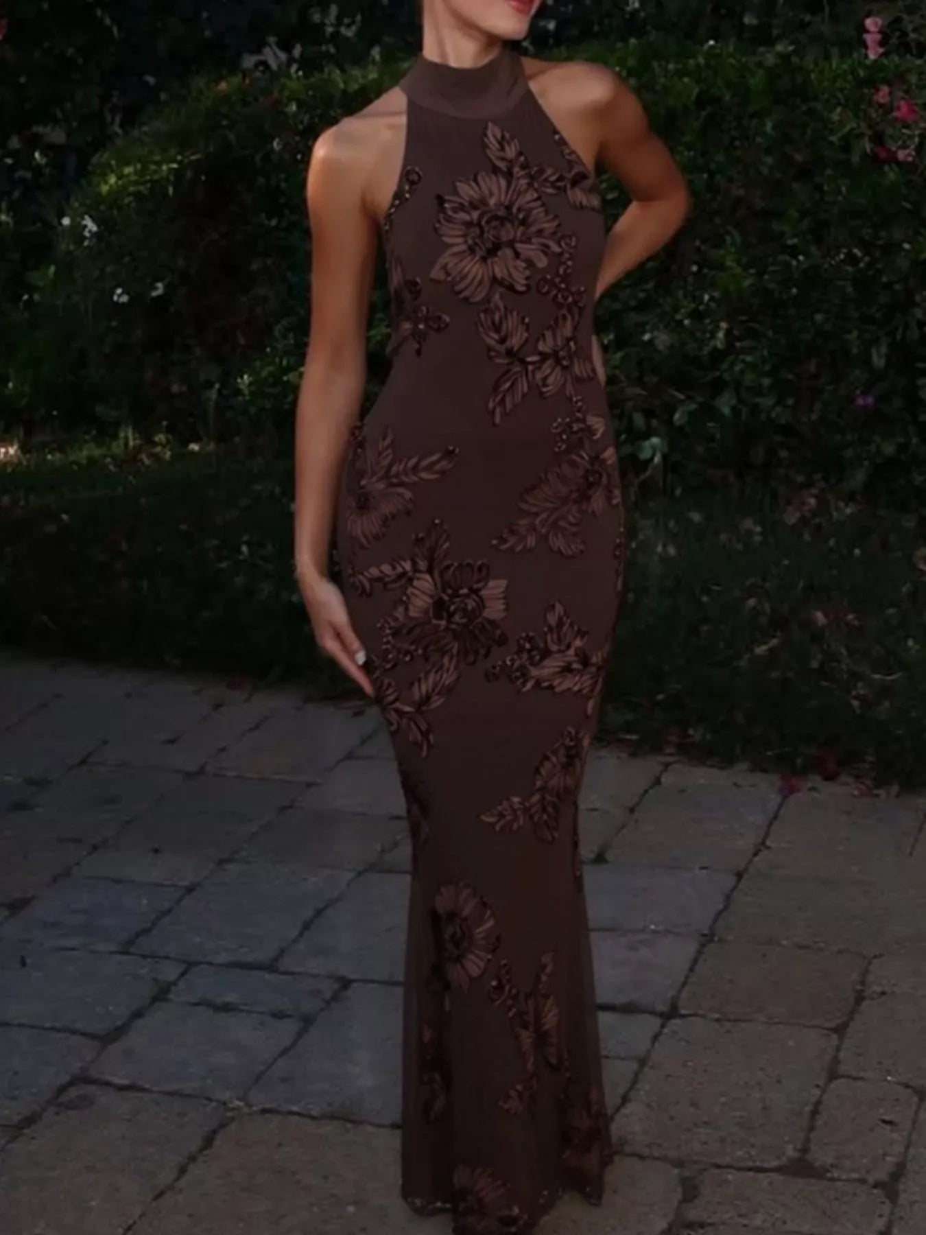 Sarah Express Women's Floral Applique Halter Neck Maxi Dress