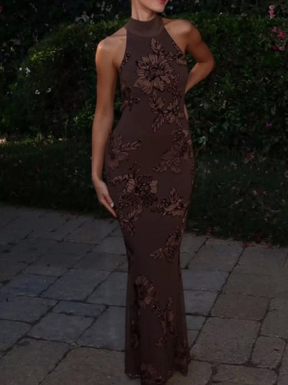 Sarah Express Women's Floral Applique Halter Neck Maxi Dress