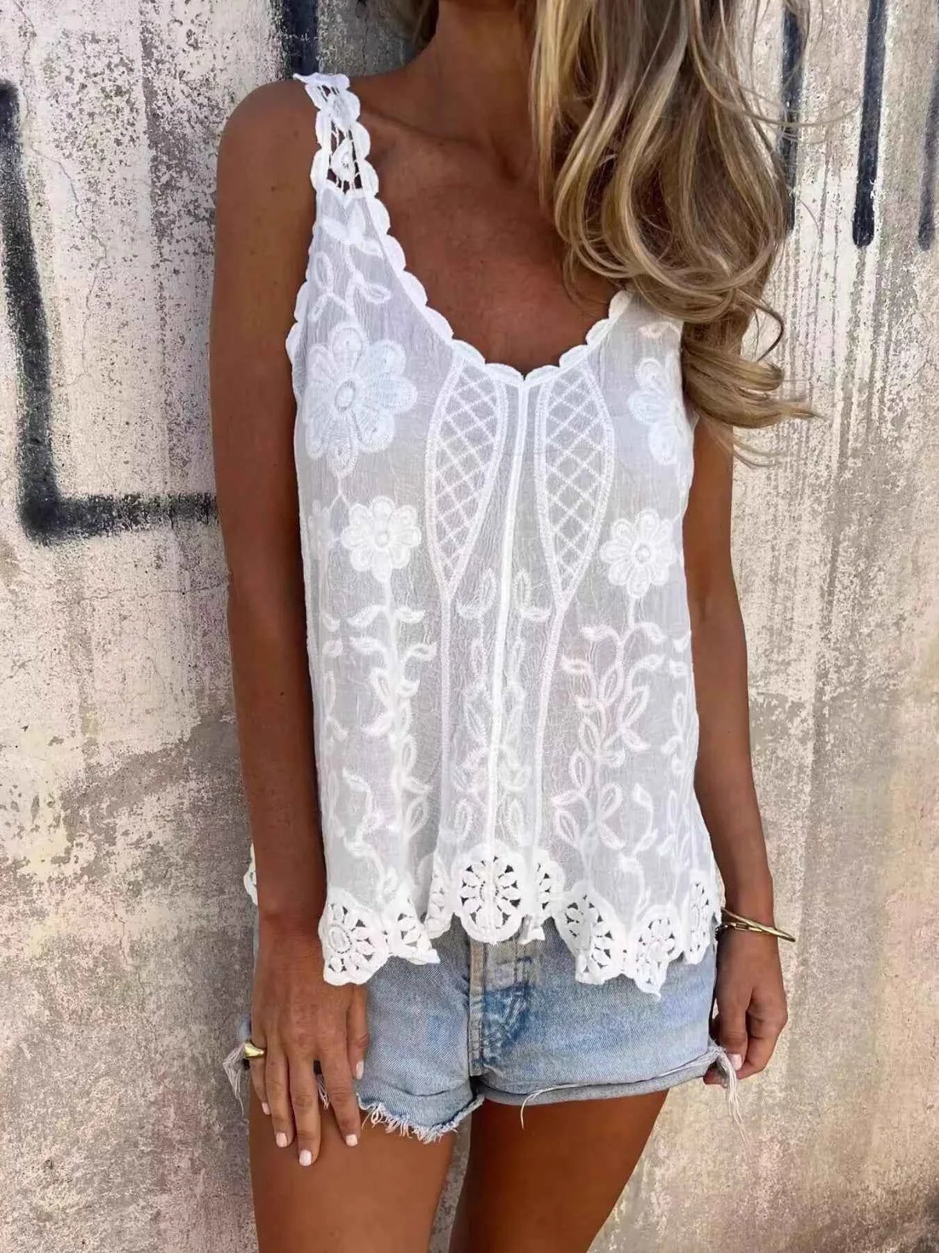 Sarah Express Women's Floral Lace Crochet Trim Tank Top