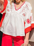 Sarah Express Women's Printed V-Neck Top with Contrast Trim Details