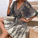 Sarah Express Women's Paisley Print Batwing Sleeve Ruffle Hem Dress Tassel Tie Front