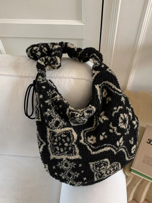 Sarah Express Women's Sherpa Ruched Strap Handbag - Plush Medium Shoulder Bag