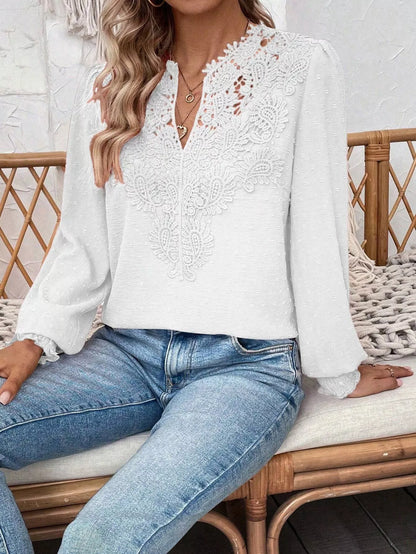 Sarah Express Women's Lace Trim Long Sleeve Blouse with Swiss Dot Detail White