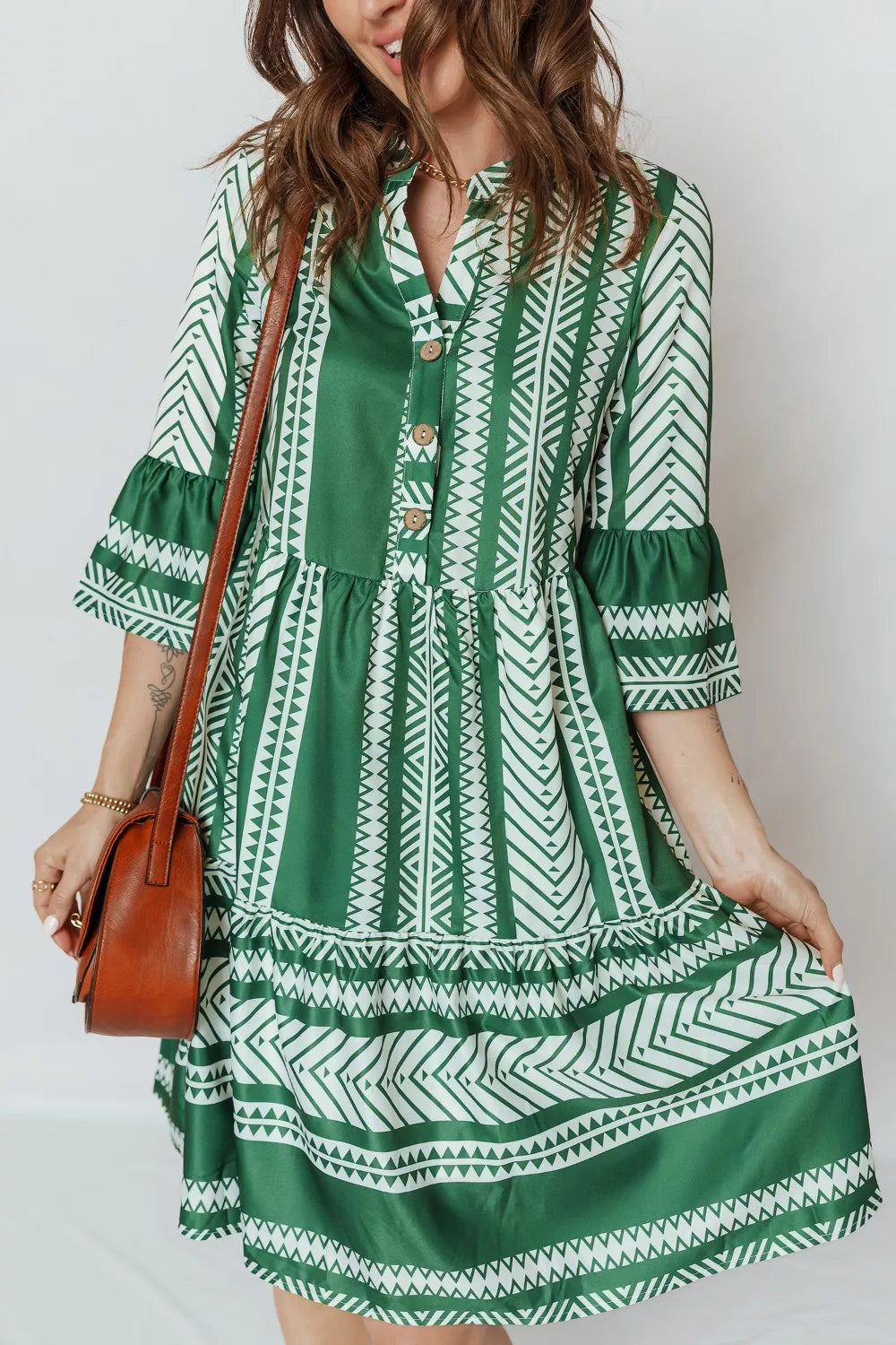 Sarah Express Women's Ethnic Print Half Button 3/4 Sleeve Casual Dress Green