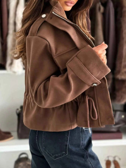 Sarah Express Women's Drawstring Button-Up Casual Jacket with Pockets