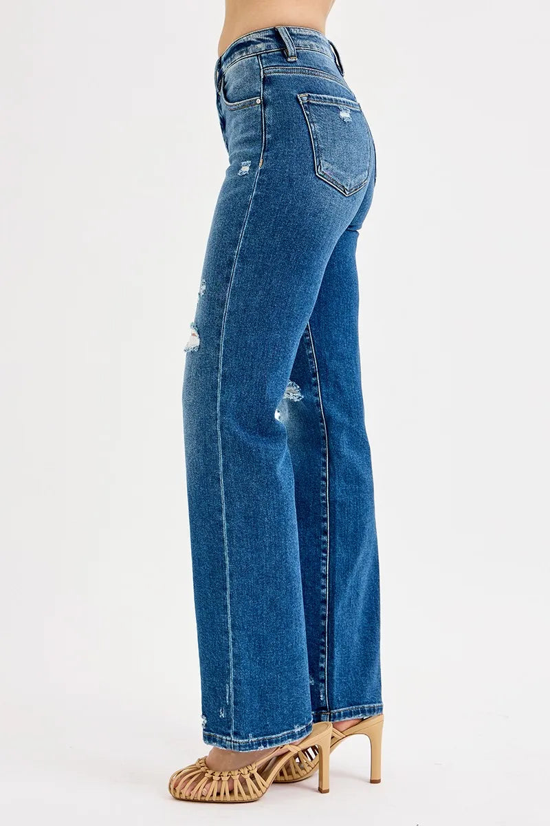 Sarah Express Women’s Plus Size High Rise Tummy Control Distressed Straight Jeans
