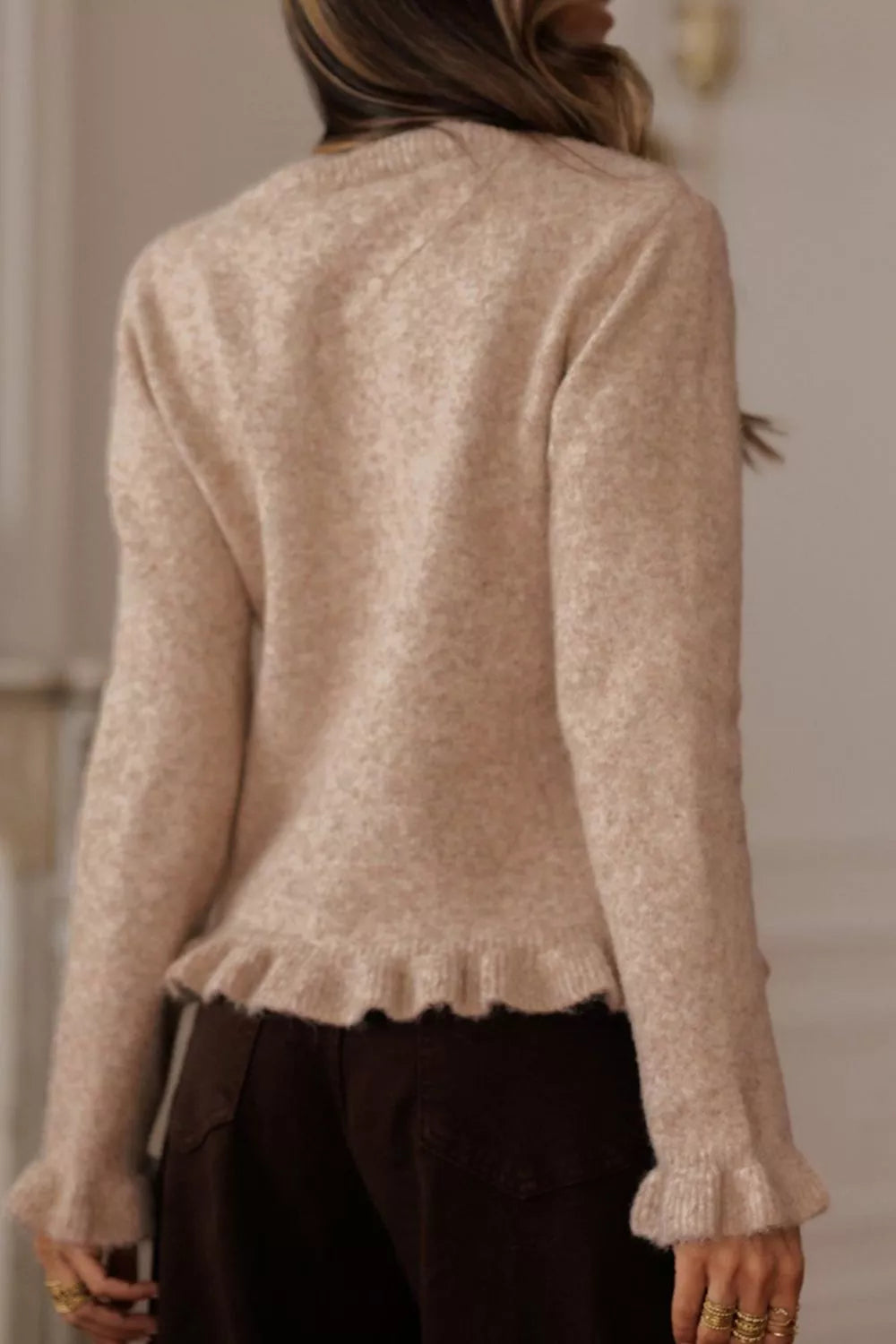 Sarah Express Women's Ruffled Trim Button-Down Cardigan