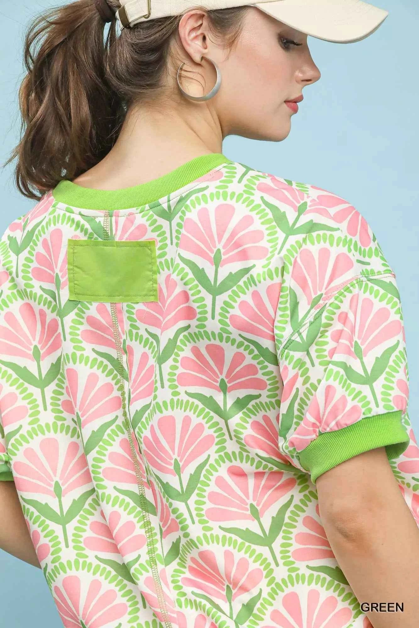 Sarah Express Women's Floral Print French Terry Top - Short Sleeve Crew Neck Knit Shirt