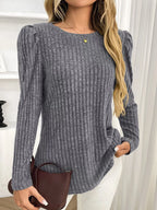 Sarah Express Women's Round Neck Puff Sleeve T-Shirt - Ribbed Casual Top with Pockets