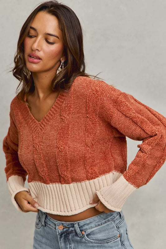 Sarah Express Women's Chenille Cable Knit V Neck Contrast Cropped Sweater