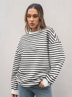 Sarah Express Women's Striped Round Neck Oversized Casual Sweatshirt White