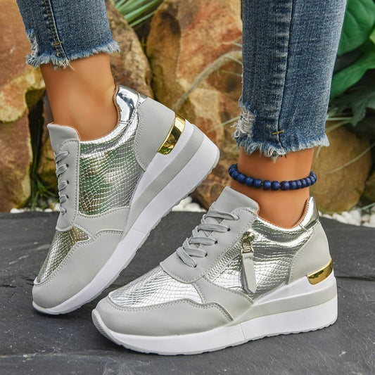 Sarah Express Women's Wedge Sole Height Increasing Casual Sneakers | Gold & Silver Platform Shoes