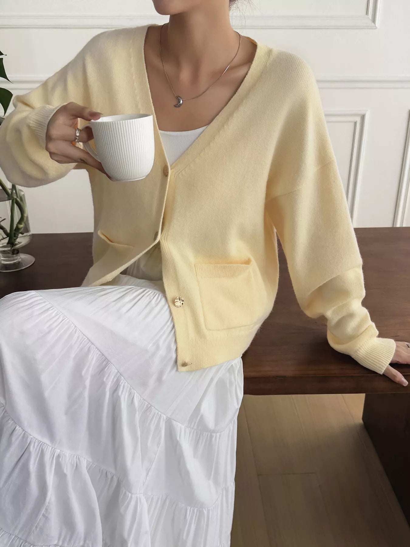 Sarah Express Women's V-Neck Button-Down Cardigan with Pockets Yellow