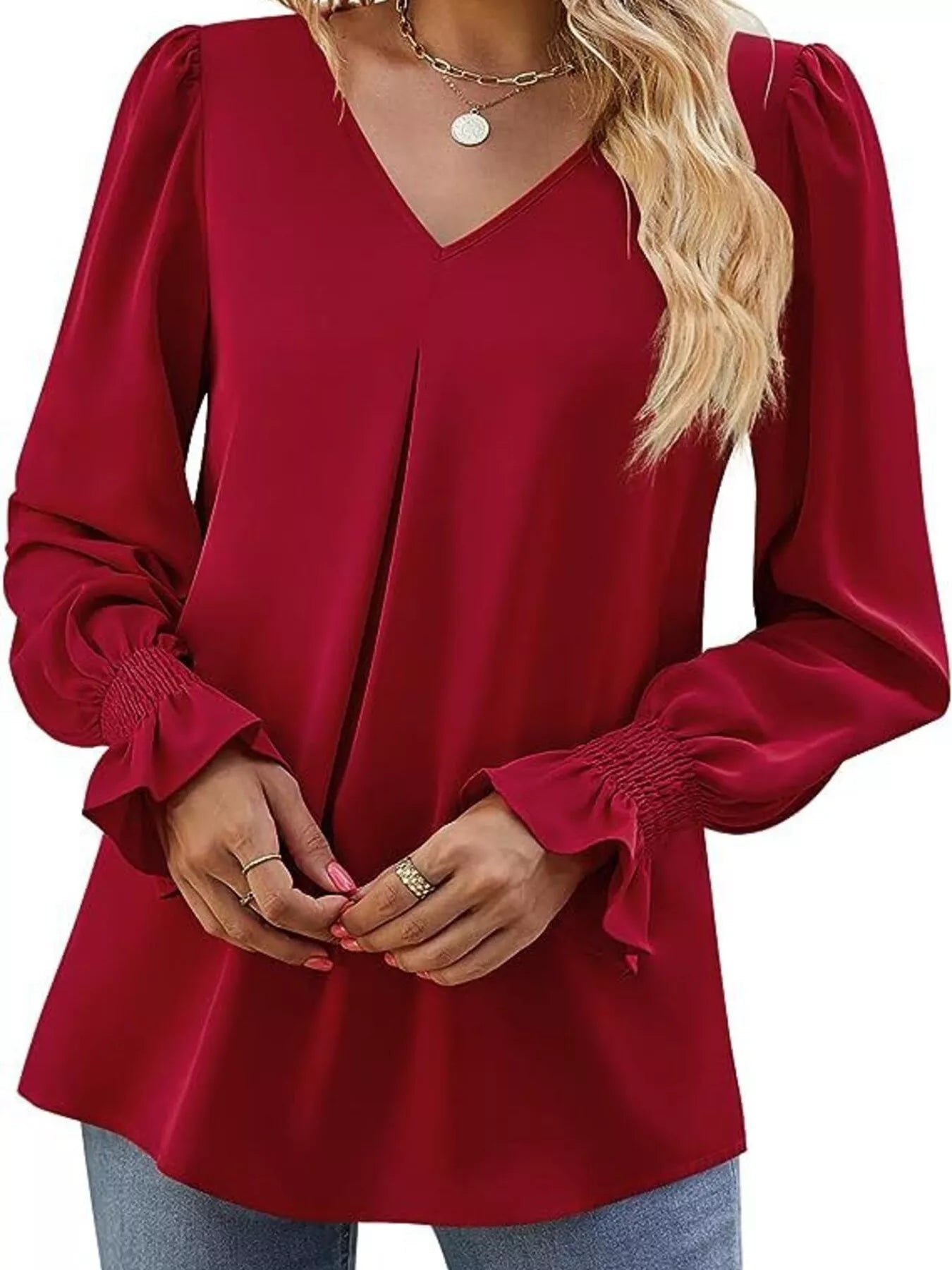 Sarah Express Women's V-Neck Long Sleeve Ruffle Cuff Blouse