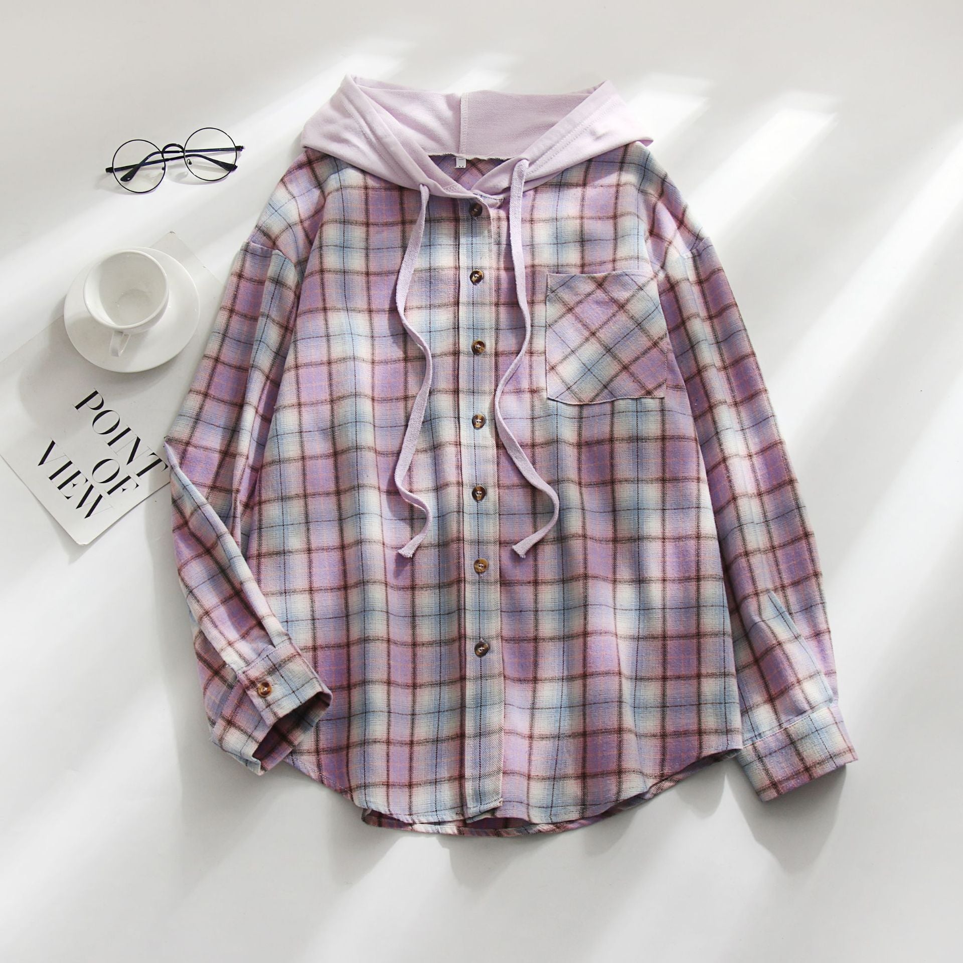 Sarah Express Women's Plaid Hooded Shirt Jacket Casual Loose Fit Pullover Top