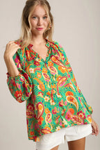 Sarah Express Women’s Paisley Satin Ruffle Neck Button-Up Blouse