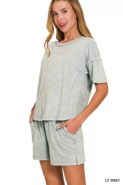 Sarah Express Women's Snow Washed Short Sleeve Tee and Shorts Lounge Set