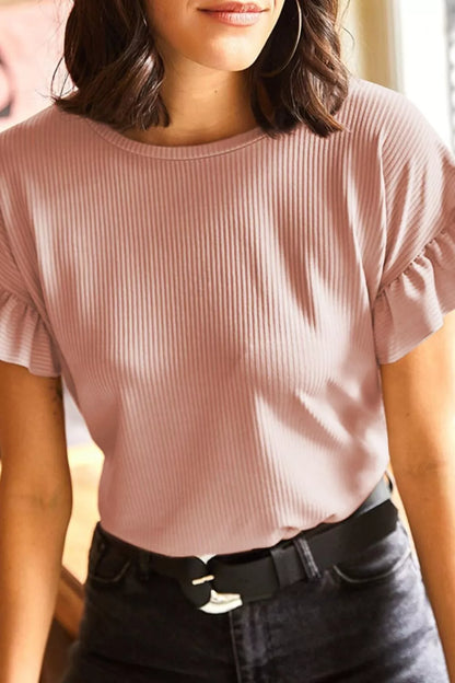 Sarah Express Women's Solid Color Ribbed Ruffled Short Sleeve T-Shirt