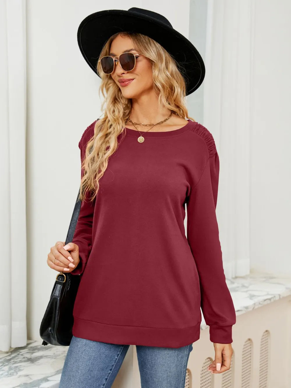 Sarah Express Women's Ruched Shoulder Round Neck Long Sleeve Sweatshirt