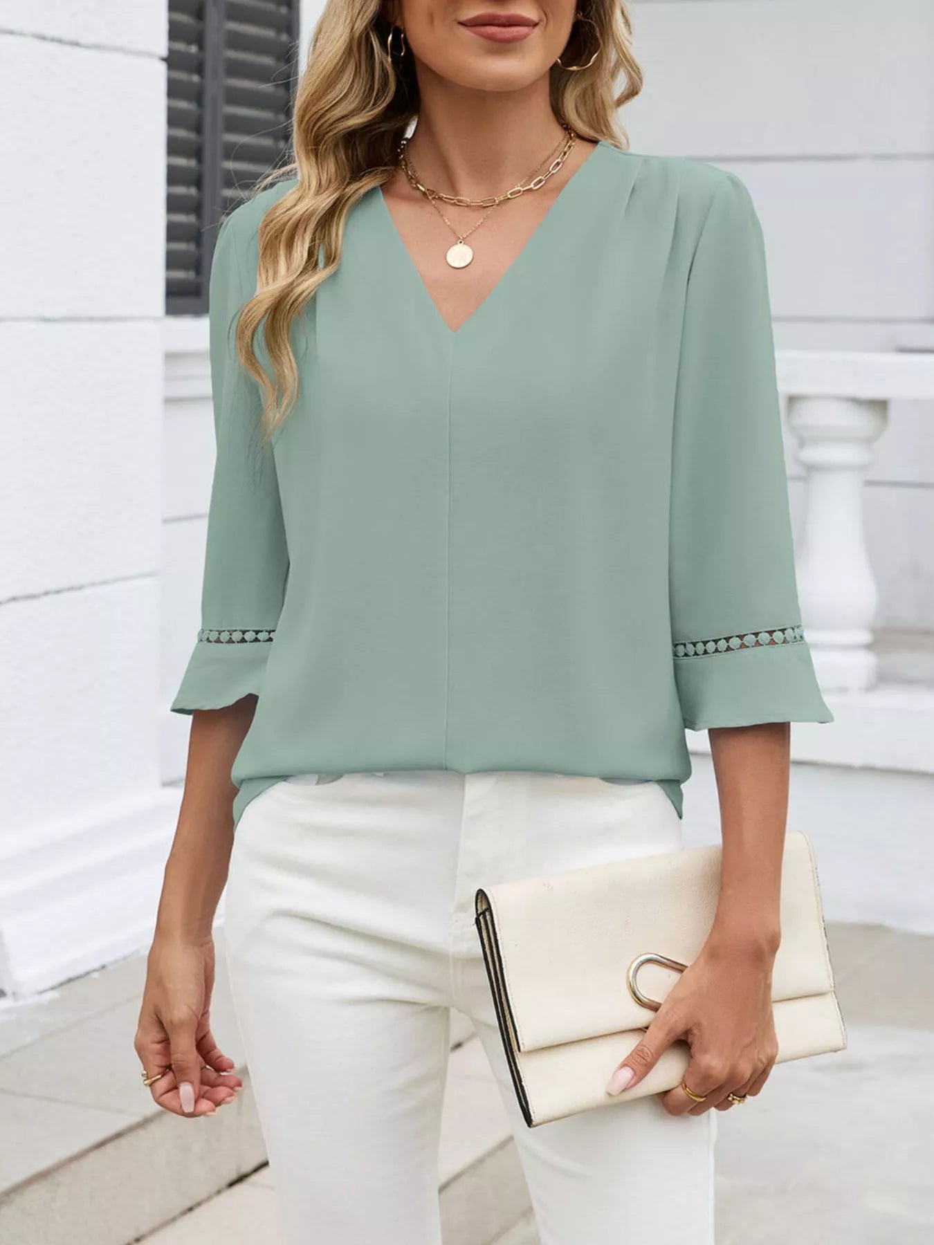 Sarah Express Women's V-Neck 3/4 Sleeve Blouse with Lace Detail