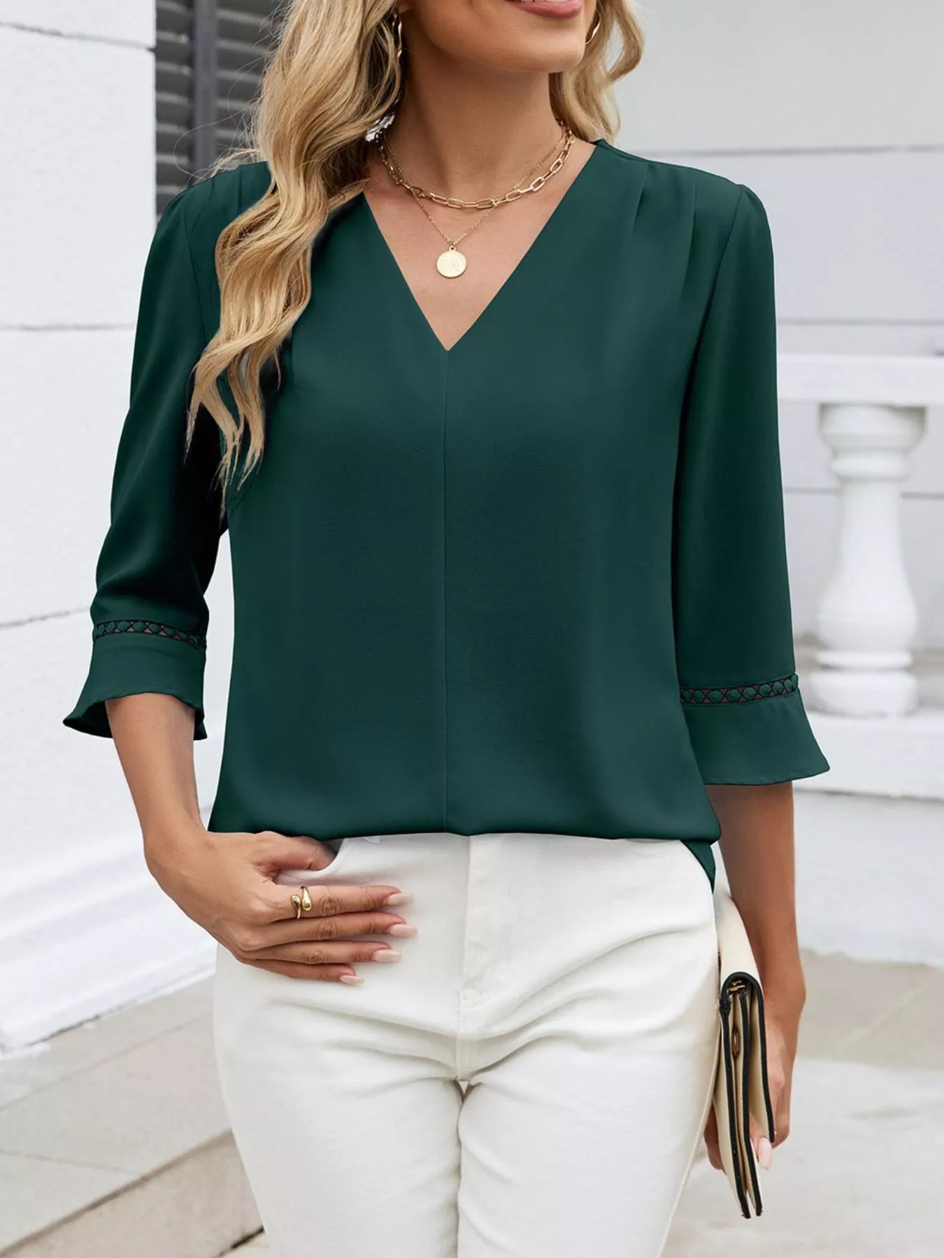 Sarah Express Women's V-Neck 3/4 Sleeve Blouse with Lace Detail Dark Green