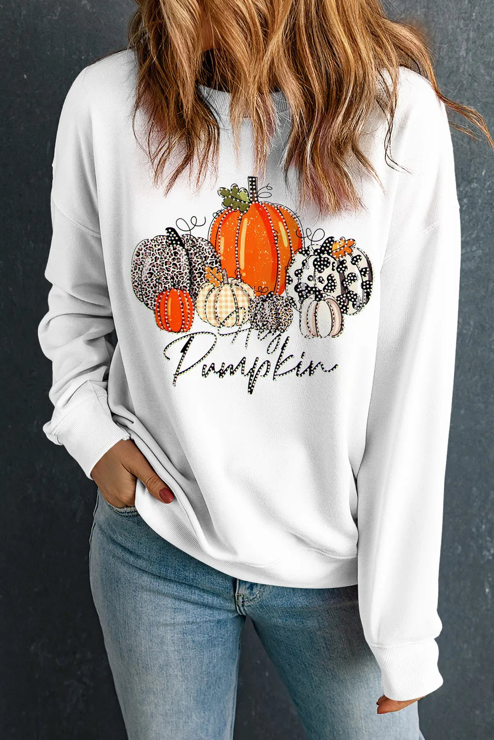 Sarah Express Women's Pumpkin Graphic Round Neck Dropped Shoulder Sweatshirt White