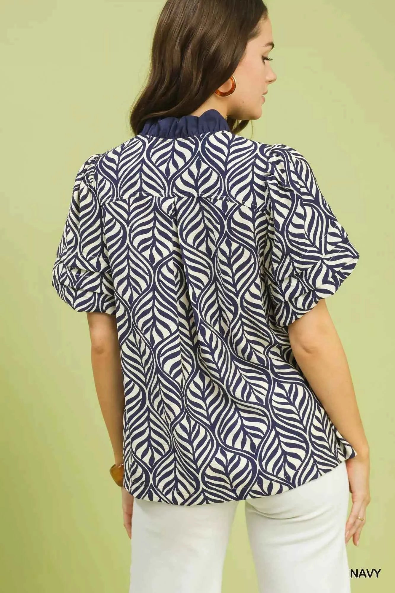 Sarah Express Women's Printed Puff Sleeve Ruffle Neck Top - Leaf Print Blouse