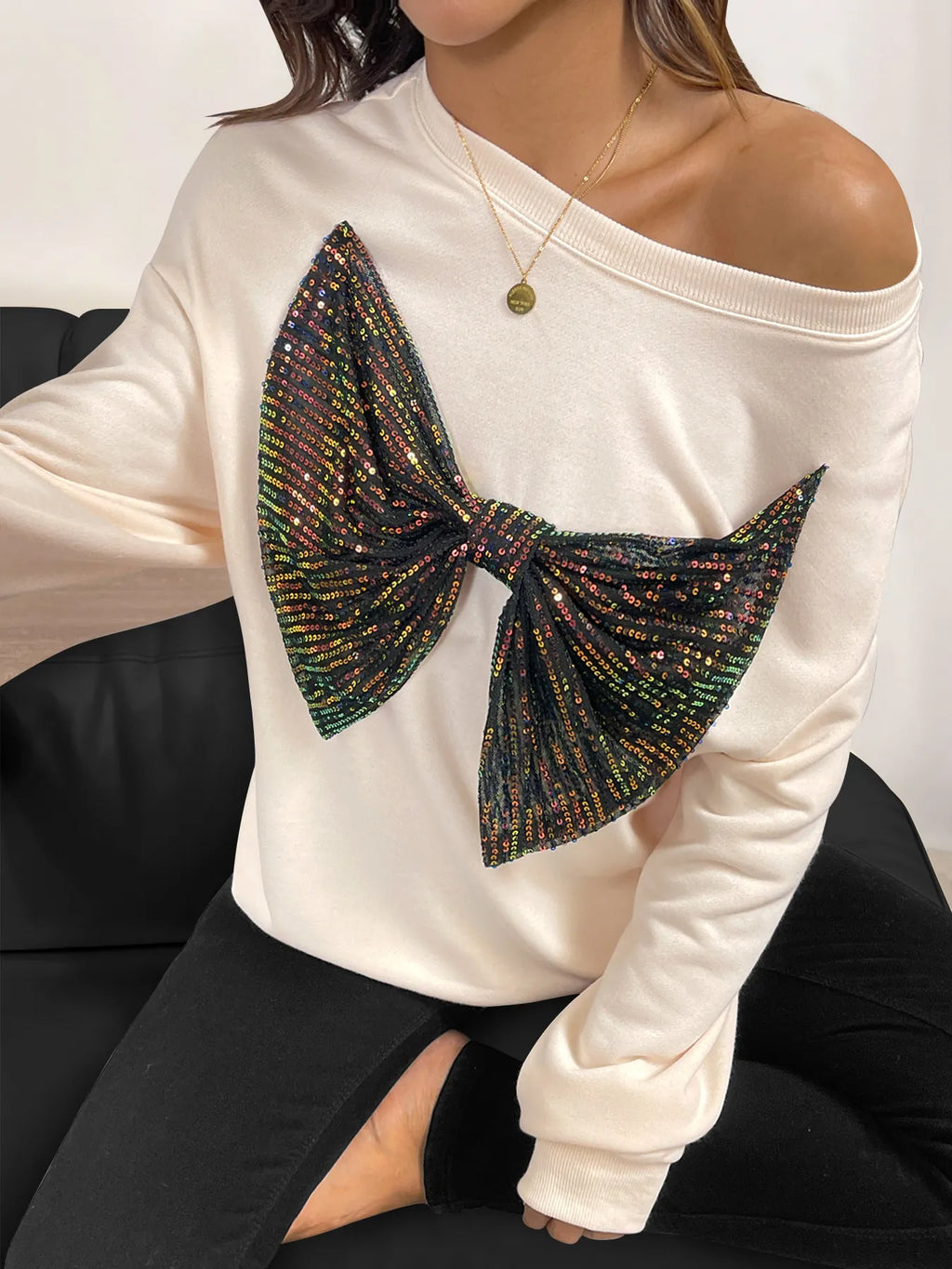 Sarah Express Women's Sequined Bow Round Neck Sweatshirt